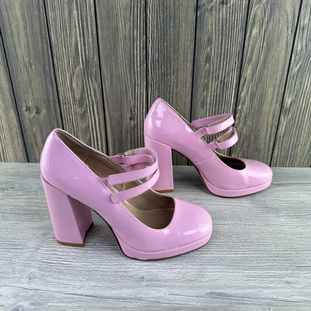 Steve Madden Womens 7.5 Pink Patent Mary Jane Platform Block Heel Pumps